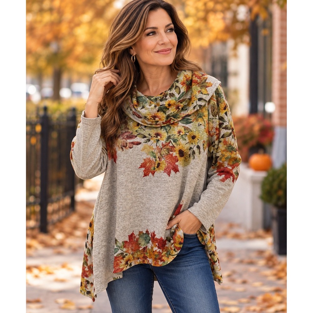 One World Women XL Taupe Fall Floral Cowl Neck Tunic Top Rhinestone Embellished